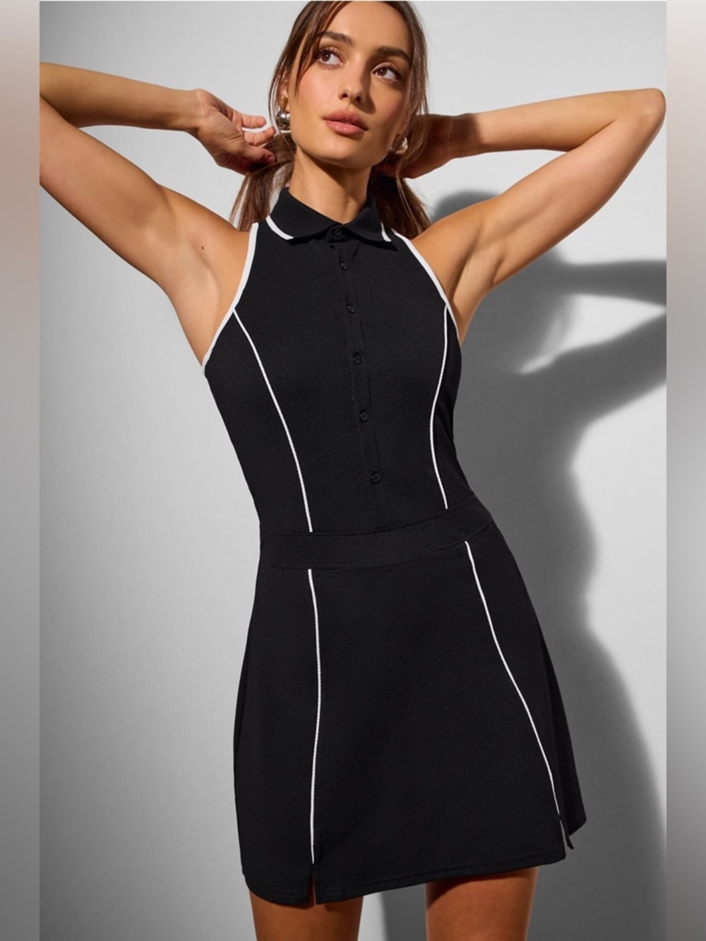 Fabletics Black Sleeveless Polo Mini Dress with White Piping- Medium